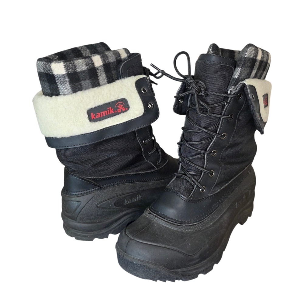 Kamik Womens 10 Black Plaid Flannel Lined Mid-Calf Lace Up Winter Snow Boots